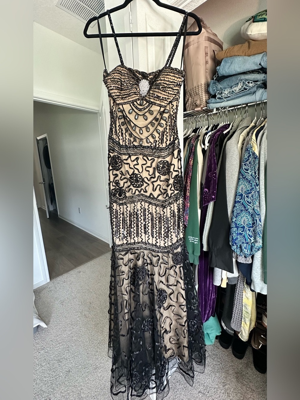 Elegant Black Beaded Illusion Evening Dress